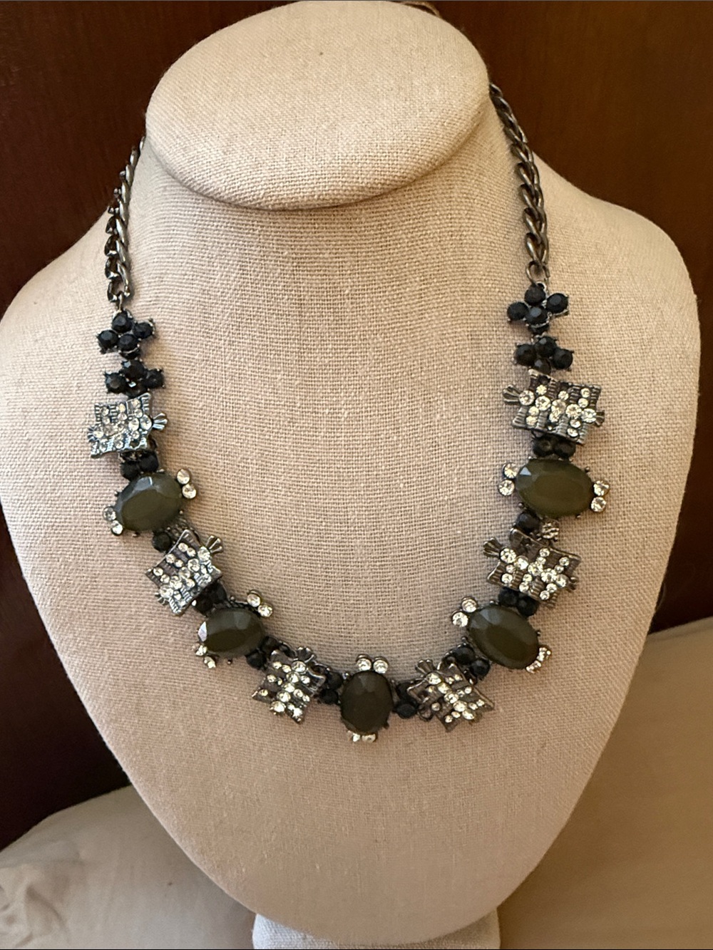 Statement Olive Green and Gunmetal Crystal Necklace